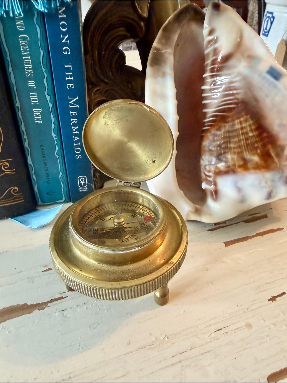 Vintage Brass Compass Desk Piece - Gold Tones